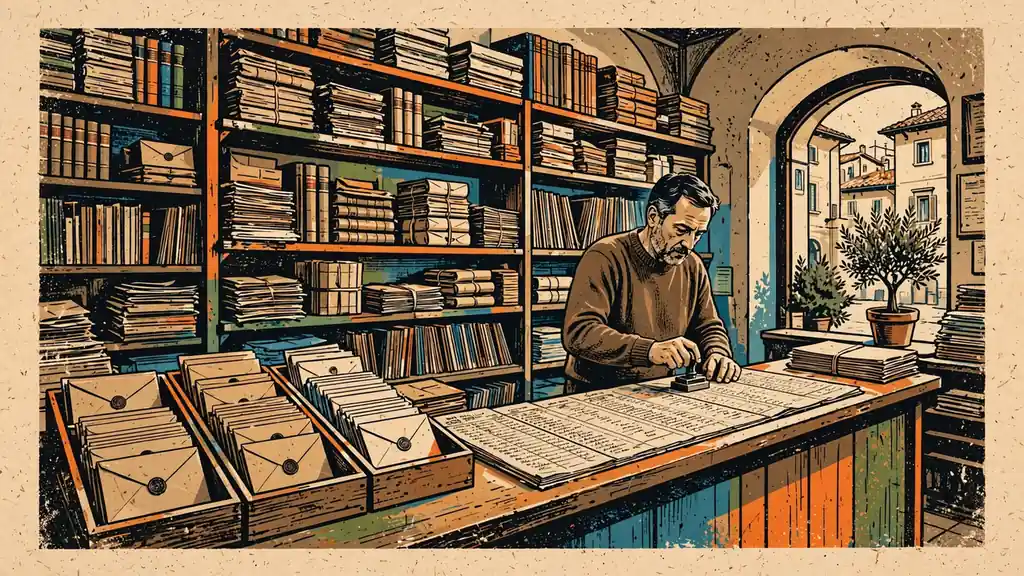 Impiegato timbra registri in un ufficio postale italiano.
