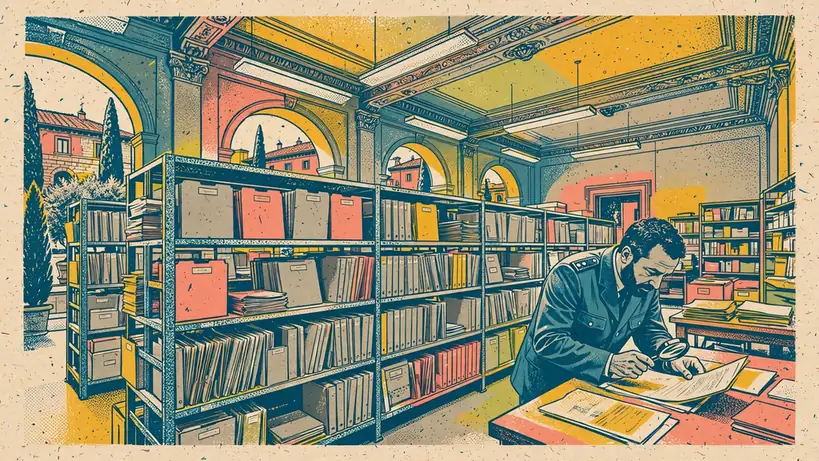 Archivio ministeriale italiano con scaffali di faldoni.