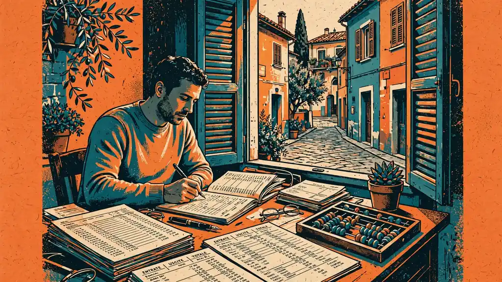 Scrivania di un commercialista italiano con libri mastri.