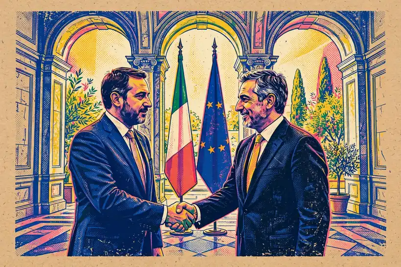 Funzionari italiani si stringono la mano in un salone istituzionale.